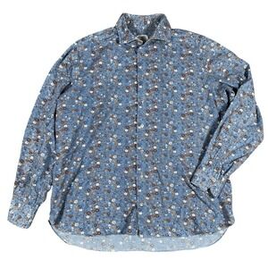 Borriello Napoli Mens Dress Button Up Shirt Sz XL Blue Floral AOP Print Italy